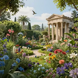a wonderful botanical garden, overgrown, many different flowers and plants, birds flying, lost place, greco roman architecture, romanticism, volumetric lighting, cgsociety, 8 k artistic photography, octane render