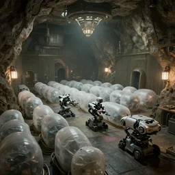 a large hall filled with cryocapsules in an underground structure created by an ancient civilization. soft lighting from lamps on the ceiling. autonomous robots are engaged in maintenance, close up peter mohrbacher, featured on artstation, octane render, cinematic, rugged, intricate, 8 k
