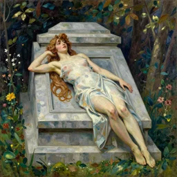 The Tomb of Ulalume in the style of George Frederick Watts, Edgard Maxence, Lord Frederick Leighton, oil on canvas, 1890, 4K resolution