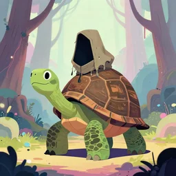 shamanistic anthropomorphic druid turtle, wearing infested tattered hood, on otherworldly forest path, pixiv fanbox, dramatic lighting, maximalist pastel color palette, splatter paint, pixar and disney concept, graphic novel by fiona and dustin nguyen, peter elson, alan bean, wangechi mutu, clean cel shaded vector art, on artstation