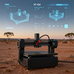 telemetry hud and stl model slicer GUI for industrial house printer, in the australian desert,  XF IQ4, 150MP, 50mm, F1.4, ISO 200, 1/160s, dawn