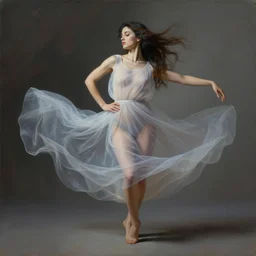 painting of a beautiful woman with her translucent dress blowing in the wind, modern dancing, wide hips, highly detailed, by nicolas delort, surreal, dramatic lighting