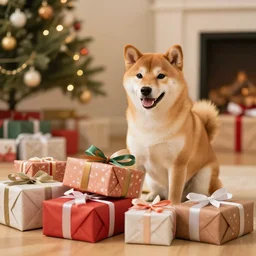 an excited shiba inu dog unwrapping a pile of presents and gifts on the ground during christmas, warm themed