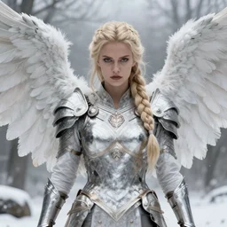 artistic portrait of a stern and fierce valkyrie with white feathered wings, wearing armor, feathered wings, perfect fit body, long blonde braided hair, beautiful eyes and lips, winter setting, art by artgerm and wlop and brom, highly detailed, 8 k, cinematic, mist, digital painting, sharp focus, illustration, masterpiece