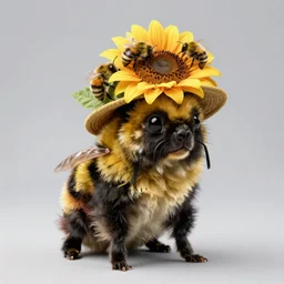bumblebee dog with bumblebee coat wearing a sunflower covered in bumblebees as a hat, photo realistic, studio lighting, realistic shadows, 4 k