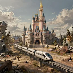post - apocalyptic magic kingdom, wasteland, barren, monorail, abandoned, walt disney world, highly detailed, intricate, 8 k