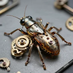 a mechanical insect dissected, clockwork cogs, gears and mechanical parts, macro photo