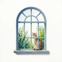 gouache painting of a cat and plants in an arched window, white background