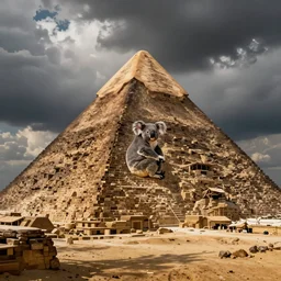a koala adventure in a pyramid in the style of tuomas korpi