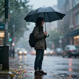 a person standing on a street corner holding an umbrella, rain made of Skittles, hyper realism, detailed, 4K, cinematic light, low angle, soft bokeh, unreal engine