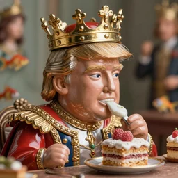 highly detailed closeup, face profile portrait of a tin toy donald trump as a fairytale king hemry the eighth wearing a crown and eating cakes, depth of field, nicoletta ceccoli, mark ryden, lostfish, max fleischer, breathtaking, detailed and intricate environment, 8 k resolution, hyperrealistic, octane render
