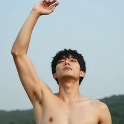A tall korean with hand up and hairy armpits