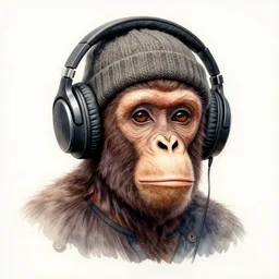 stoned ape, headphones and knitted cap, realistic, watercolor, extremely detailed, sharp focus, wide view, smooth, digital illustration, by james jean, by rossdraws, frank franzzeta, mcbess, sakimichan, brosmin, danton fadeev, steve simpson