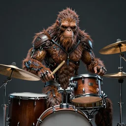 a portrait of an anthropomorphic cyberpunk bigfoot, banging on the drums by sandra chevrier, by jon foster, detailed render, epic composition, cybernetics, 4 k realistic, snare drum, high hat, cymbals, cryengine, realistic shaded lighting, sharp focus, masterpiece, by enki bilal