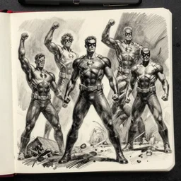 a sketchbook page filled with superhero poses by neal adams, artstation
