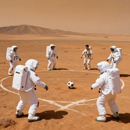 astronauts playing soccer match on mars