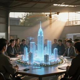 small crowd in simple warehouse, looking at hologram of futuristic city on a table, cinematic concept art, godrays, golden hour, natural sunlight, 4 k, clear details, tabletop model buildings, center model buildings, hologram center, crane shot, crane shot, crane shot