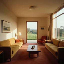 midcentury apartment interior, stylized set design by wes anderson and stanley kubrick, minimalist, warm saturated palette