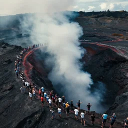 many people lining up to jump off into a volcano, photography, 4 k, journalism, aerial view, cinematic lighting