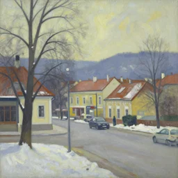 an edward hopper style painting of ( ( ( ( ( ( ( ( balatonfured, a resort town in veszprem county, in hungary ) ) ) ) ) ) ) ), early - winter, december of 1 9 4 8