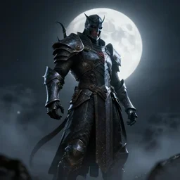 full shot of angry darkness soul knight at moonlight, detailed, octane render, unreal engine 4k volumetric light, fog, darkness background
