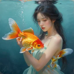 a painting of a woman holding a big gold fish in water, a detailed digital painting by lu ji, featured on artstation, fantasy art, detailed painting, artstation hd, behance hd