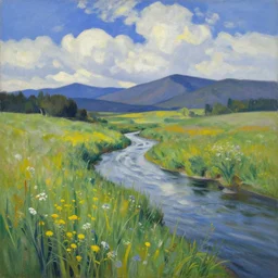 a painting of a river flowing through a meadow filled with tall grass and wildflowers, mountains in the distance, blue sky with fluffy clouds, georgia o'keeffe