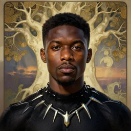portrait of Black Panter Chad Bosewick, sigma male, chic tree backdrop, ivory Wakanda tree, accurately portrayed, portrait art by alphonse mucha and greg rutkowski, highly detailed, digital painting, concept art, illustration, dim lighting with twilight rays of sunlight, trending on artstation, very detailed, smooth, sharp focus, octane render, close up