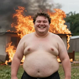 a fat man is very happy because his house burning.. - w 7 0 4