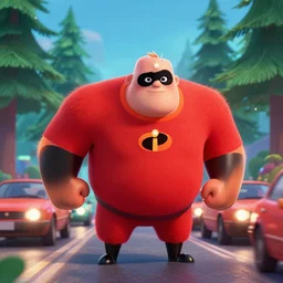 film still of mr incredible directing traffic in the the incredibles movie, cartoonish cute, pine trees, magical atmosphere, trending on artstation, 3 0 mm, by noah bradley trending on artstation, deviantart, high detail, stylized portrait