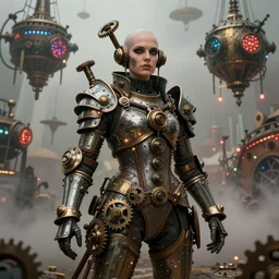 by tom bagshaw, photorealist vivid render of a carnival of curiosities marvel, single bald steampunk female in a full ornated armor, gears, cables, led, flying machinery, partial symmetry accurate features, very intricate details, focus, award winning, ultra dense fog, trending on behance