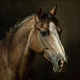 a horse with human face, human face, human eyes, oil painting, baroque style