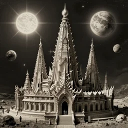 old vintage photo of surreal spiky alien extraterrestrial temple with towers on exoplanet with three suns beautiful detailed intricate insanely detailed 3D render digital art, octane render, 8K artistic photography, photorealistic, harsh flash