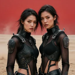 cinestill 5 0 d photographic portrait of two loving female androids wearing rugged black mesh techwear on a desolate plain with a red sky, extreme closeup, cyberpunk style, garters, dust storm, 8 k, hd, high resolution, 3 5 mm, f / 3 2, ultra realistic faces, ex machina