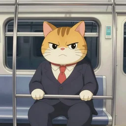 “ angry cat wearing a suit riding the subway, studio ghibli, spirited away, anime, by hayao miyazaki ”