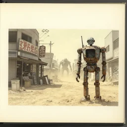 artbook artwork, somber, paper texture, movie scene, distant shot of a rusty robot in deserted dusty shinjuku junk town, old pawn shop, bright ground, lurking robot monster in background, dusty, pencil lines, pale yellow sky, graffiti
