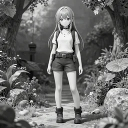 a full body portrait black and white of a adventurer girl, finely detailed features, perfect art, in a garden, gapmoe yandere grimdark, trending on pixiv fanbox, painted by greg rutkowski makoto shinkai takashi takeuchi studio ghibli, black and white manga