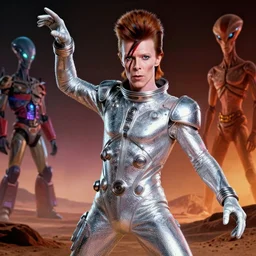 portrait of david bowie wearing a rocknroll glitzy glamour spacesuit, beautiful, heroic action pose, stunning alien landscape, cinematic, dramatic studio lighting, close up, in the style of kubrick, ridley scott, jodorowsky, dune, star wars, transformers, moulin rouge, tron, science fiction, illustration, 3 d sculpture octane render