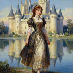 painting, nicolas cage as a beautiful young girl in intricate clothing by ross tran, walking in a castle, lake painted by sana takeda, rtx reflections, very high intricate details, digital anime art, medium shot, mid - shot, composition by ilya kuvshinov, lighting by greg rutkowski