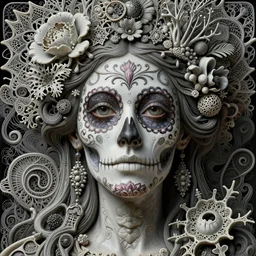 detailed realistic porcelain beautiful organic calaveras goddess face portrait by jean delville, gustave dore, iris van herpen and marco mazzoni, art forms of nature by ernst haeckel, art nouveau, symbolist, visionary, gothic, neo - gothic, pre - raphaelite, fractal lace, intricate alien botanical biodiversity, surreality, hyperdetailed ultrasharp octane render