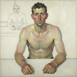oil painting in the style of john craxton sailors. seated figure hands on table. strong expressions on faces. cheekbones. aesthetics to ivon hitchins. line drawing on painting, brush marks