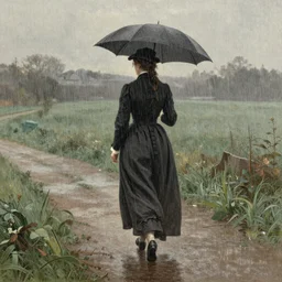 Victorian woman in the rain walking away, dreamy and detailed, by John Atkinson Grimshaw