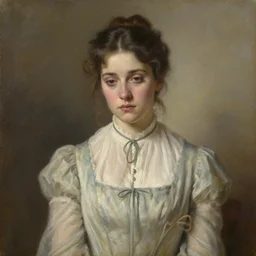 portrait painting of a young victorian sad lady with a beautiful long dress, high quality by jeremy mann, only one head single portrait