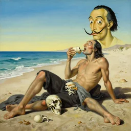 A very detailed surreal fantasy painting of God chilling on the beach devouring souls by Manjit Bawa and Salvador Dali, trending on artstation, 4k, widescreen.