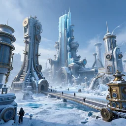 frozen steampunk city, hyper realistic photograph
