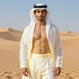 full figure beautiful young fit arabian man, fully dressed, luminous scene, by greg rutkowski and alphonse mucha, d & d character, gradient white to gold, in front of a dune desert background, highly detailed portrait, digital painting, artstation, concept art, smooth, sharp focus illustration, artstation hq