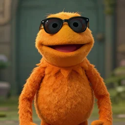 bip bippadotta in morrowind, orange fuzzy muppet, screenshot, wearing sunglasses