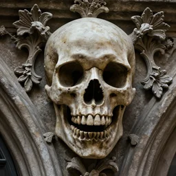 gothic sculpture of gargoyle skull, with decorative floret design surrounding, deep texture, intense detail, hyperealism, 4 k