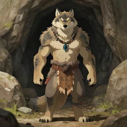 burly tough character feature portrait of the anthro male anthropomorphic wolf fursona animal person wearing tribal primitive caveman loincloth outfit full wolf fur body standing in the entrance to the cave, center framed character design stylized by charlie bowater, ross tran, artgerm, makoto shinkai, detailed, soft lighting, rendered in octane