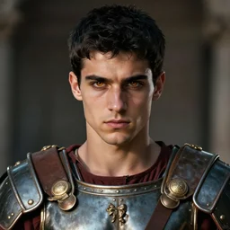 roman general, handsome young man with black hair, roman soldier armor, symmety, close - up portrait of roman centurion without helmet, character portrait, shaded, deep focus, amber eyes, insane art, trending on artstation, perfect lighting, 8 k, game cover art, sharp focus, anatomically correct, historically accurate!!, by artgerm and frank frazetta